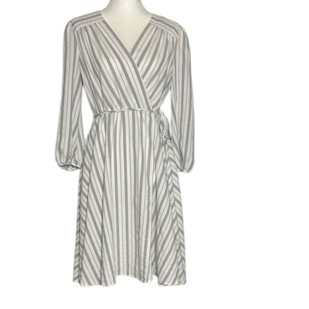 Calvin Klein Midi Dress Womens 12 Faux Wrap Tie Waist Puff Sleeve Striped White